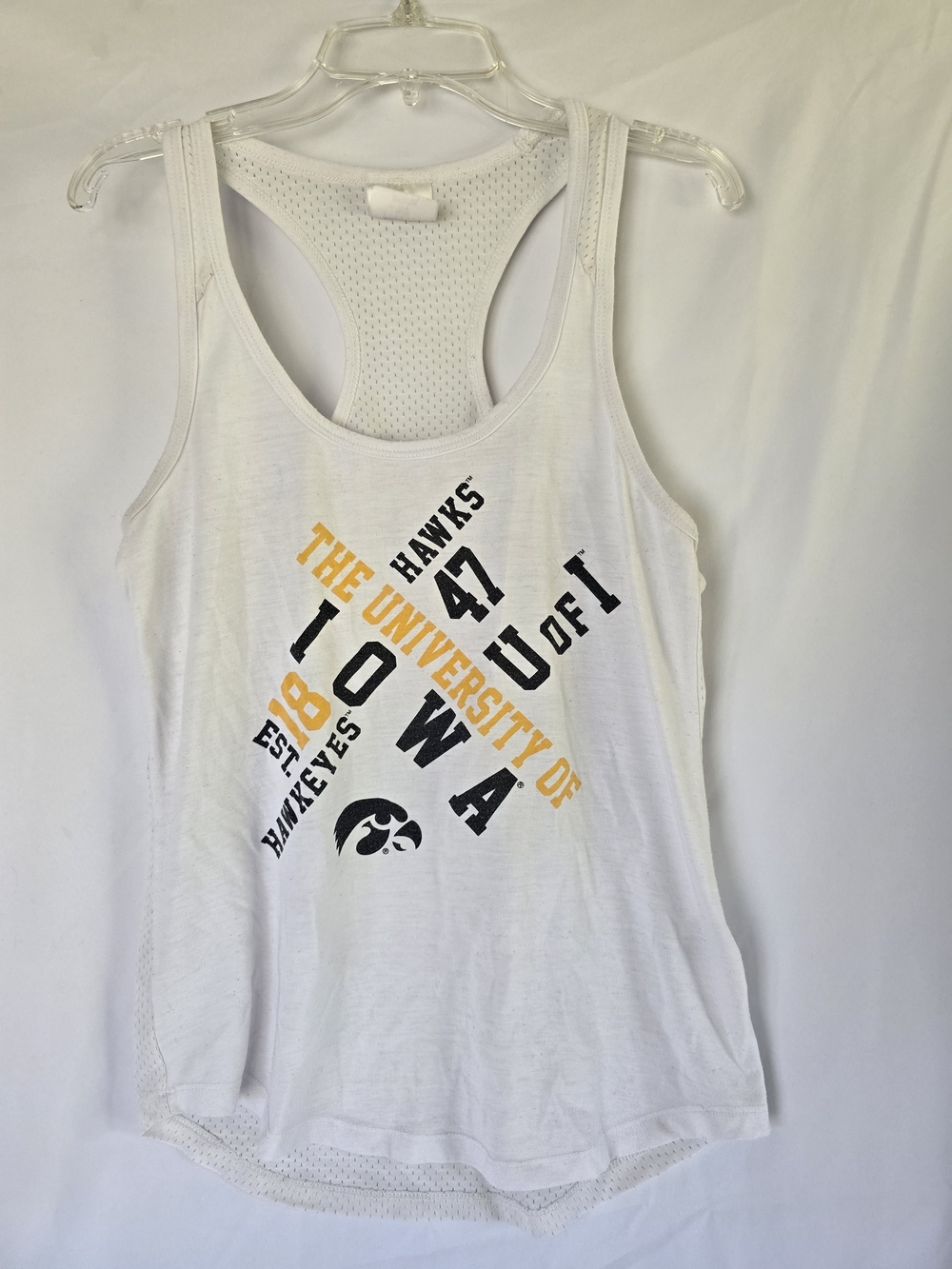 University Of Iowa Hawkeyes White Racerback Tank with Black & Gold Iowa Graphic